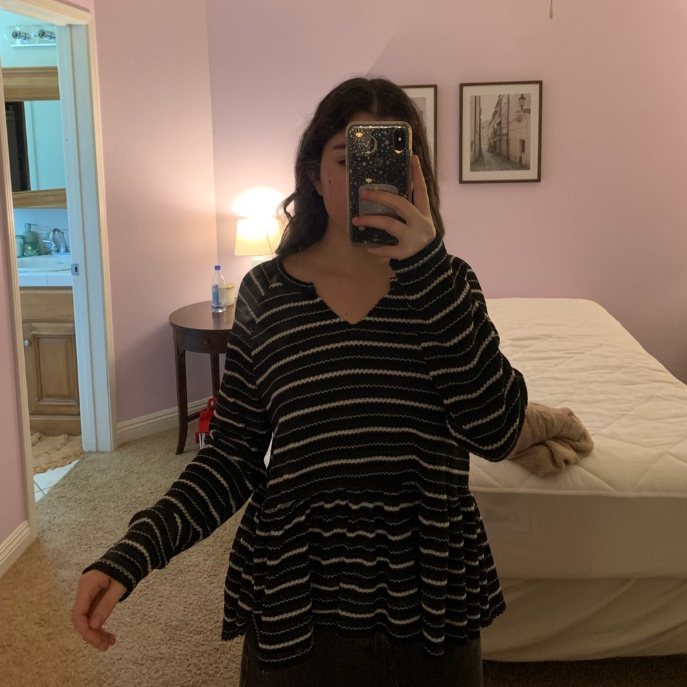 WILLIAM RAST LARGE PEPLUM STRIPED LONG SLEEVE BLOUSE